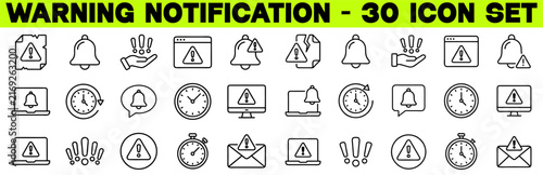 Warning Notification Icons Set – Alert, Reminder, Bell and Security Warning Line Icons, Editable Stroke, Vector Illustration