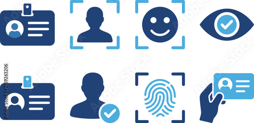 Biometric Identity Verification Icon Set Featuring Face Recognition Fingerprint Scanning ID Cards and Biometrics for Security App and Website UI Designs