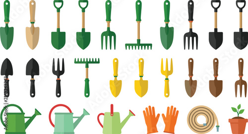 Gardening Tool Icon Set Featuring Shovels Rakes Watering Cans and Gloves for Agriculture Horticulture Lawn Care and Backyard Farming Designs