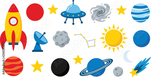 Outer Space Icon Set Featuring Rocket Ship UFO Planets Sun Moon Stars and Galaxy Elements for Kids Educational and Creative Graphic Designs