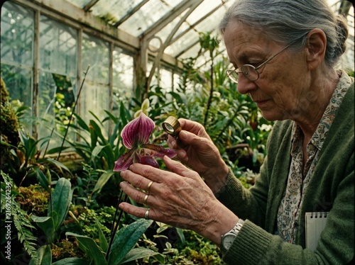 Elderly Botanist Meticulously Examines a Delicate Purple Orchid with a Magnifying Glass Inside a Vintage Greenhouse