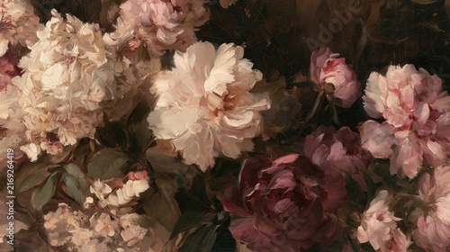 Antique cream hydrangeas in aged tea-stained tones with dark background
