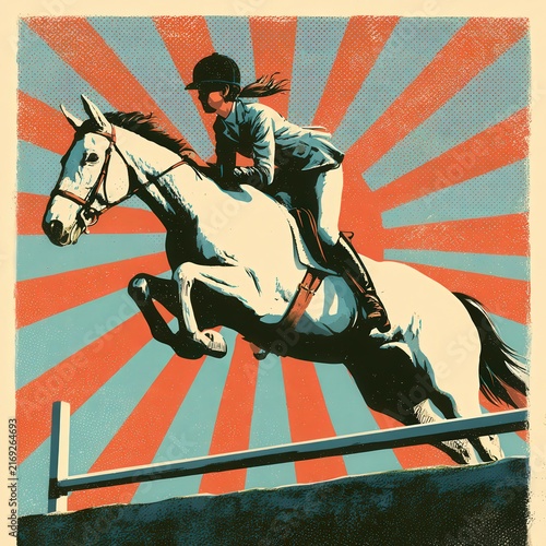 Vintage 1970s equestrian show jumping poster illustration of a horse mid-air