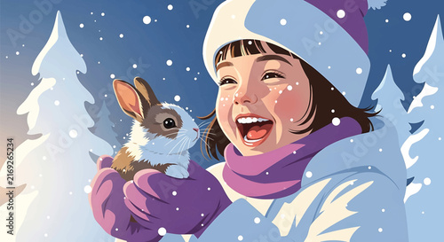 Anime style winter illustration of a happy girl holding a cute rabbit. Child playing in the snow with a bunny. Festive holiday seasonal vector art.