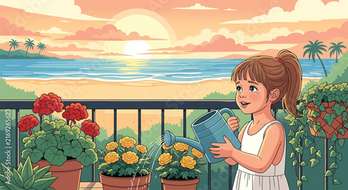 Anime style little girl watering flowers on balcony, sunset beach landscape background, summer vacation illustration vector
