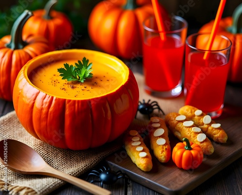 Delicious Pumpkin Soup in Carved Pumpkin Bowl with Festive Halloween Treats and Spooky Snacks on Wooden Table