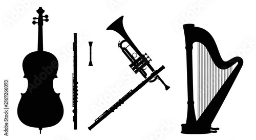 Foto Silhouettes of various musical instruments on white background with instruments