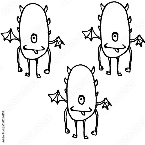 Hand-Drawn Cute Cartoon Monster Doodle Characters with Wings, Set of Three Cute Monsters Vector Graphic
