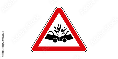Car crash warning triangle sign indicating road hazard for drivers.