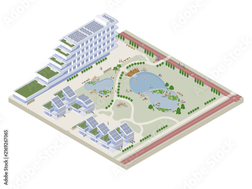 isometric eco quarter with a natural swimming pool and ponds