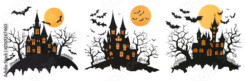 Set of Mysterious ancient haunted castle silhouette featuring Gothic towers, pointed rooftops on transparent background. Ai generated