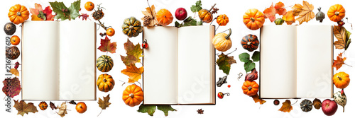 Set of Open book spread displaying abstract geometric design elements across both pages on transparent background. Ai generated