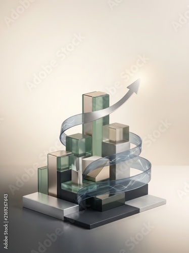 Abstract 3D metallic glass bar chart upward silver arrow business finance growth investment success minimal background