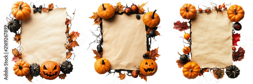 Set of Realistic carved Halloween pumpkin surrounded by small glowing candles and dried autumn leaves  on transparent background. Ai generated