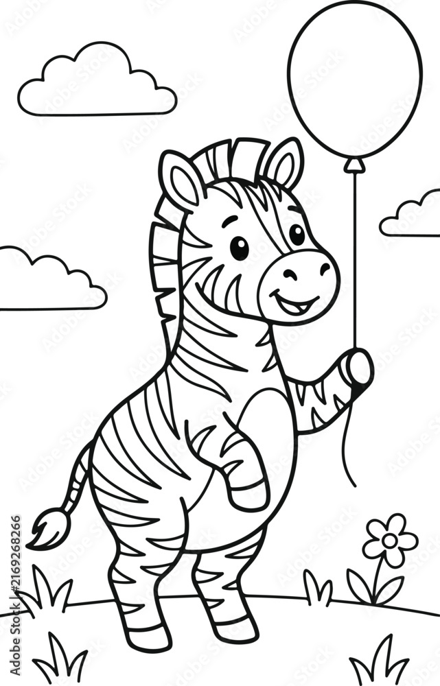 Naklejka premium Cute zebra standing on hind legs holding a balloon, simple black and white line art coloring page for kids