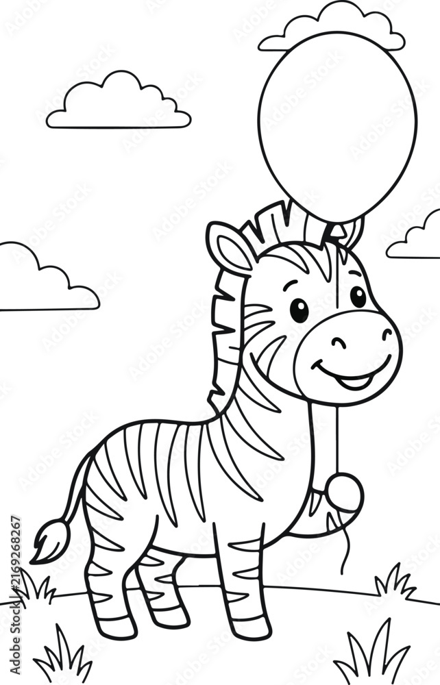 Naklejka premium Cute zebra standing and holding a balloon, simple black and white line art coloring page for kids