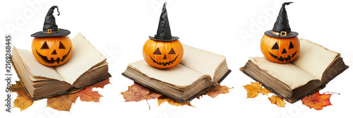 Set of Open vintage Halloween book showing blank cream pages surrounded by autumn leaves  on transparent background. Ai generated