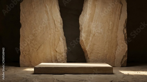 Minimalist stone podium for product presentation in a dark cave setting with natural light beams, creating a serene and ancient atmosphere for luxury display