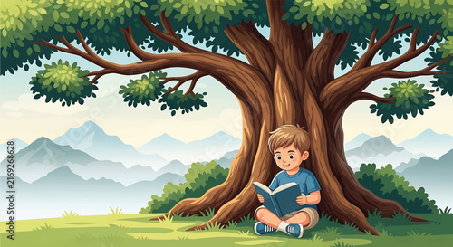 Cute child reading book under tree. Happy boy reading in nature. Outdoor education. Peaceful forest landscape with mountains. Illustration