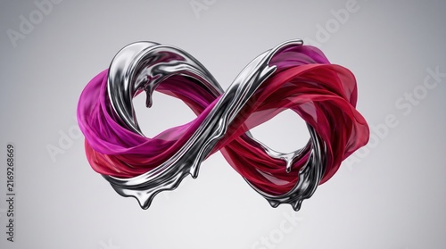 Intertwined flowing liquid silver metal vibrant magenta pink silk fabric forming infinity symbol abstract background