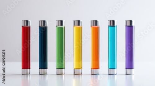 Seven colorful glass tubes with metallic caps are aligned on a clean white surface. This scientific laboratory setup is ideal for chemistry and medicine concepts.