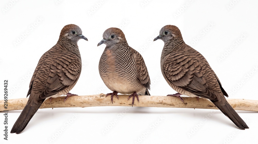 Naklejka premium Three zebra doves perched on a wooden branch showing beautiful striped feathers captured in sharp focus isolated on white background
