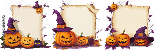 Set of Spooky Halloween frame featuring black and orange autumn elements on transparent background. Ai generated