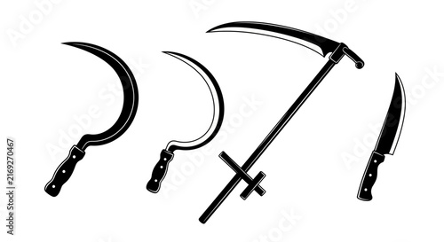 Bild auf Leinwand Black and white illustration of various knives with agriculture harvesting garde
