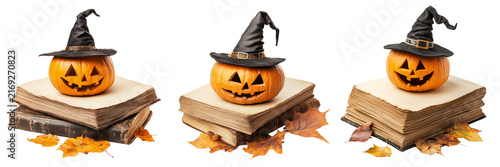 Set of Three carved Halloween pumpkins beside a handmade straw broom with autumn foliage accents on transparent background. Ai generated