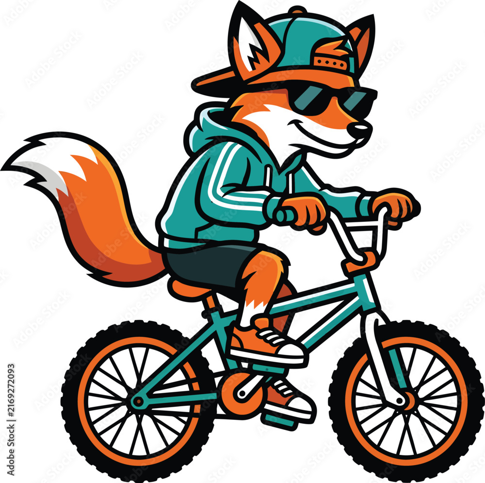 Obraz premium Cute cartoon fox with sunglasses wearing hoodie and cap riding on bmx bicycle isolated.