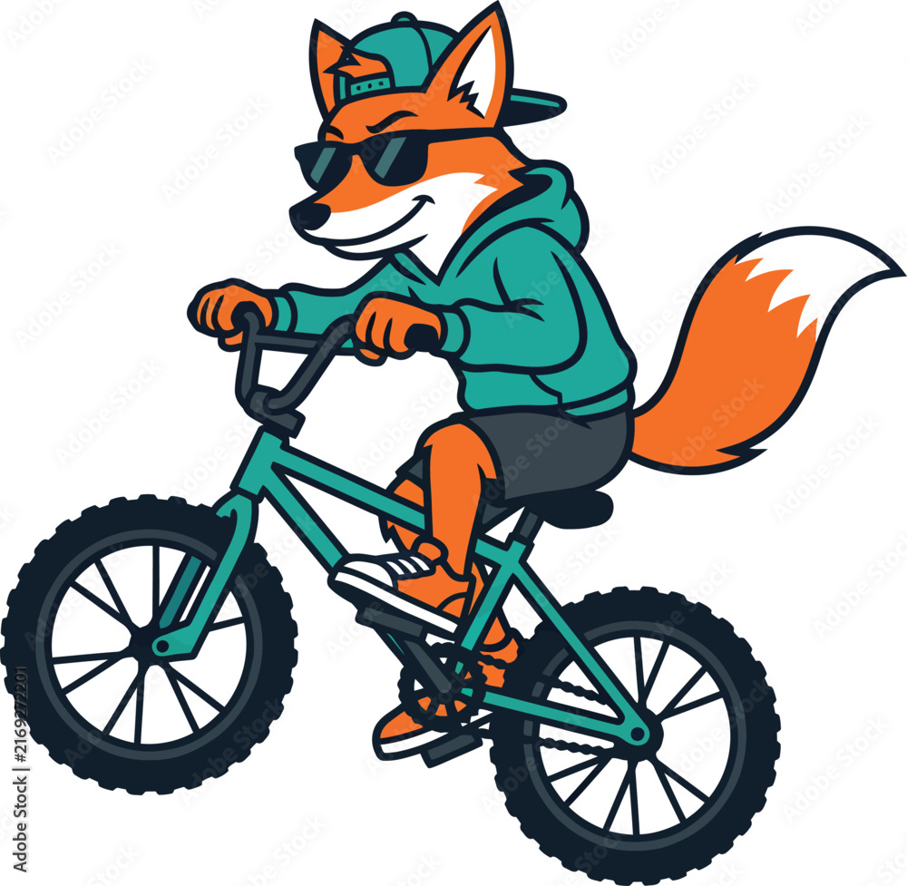 Obraz premium Cool urban fox character wearing turquoise hoodie and sunglasses riding bmx bike vector.