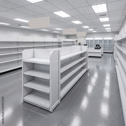 Empty Supermarket Interior with Blank White Shelves and Checkout Counters