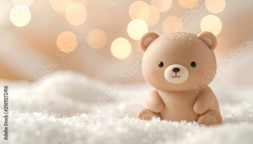 Figura decorativa de oso pequeño en tonos beige sobre superficie blanca suave con luces cálidas desenfocadas al fondo