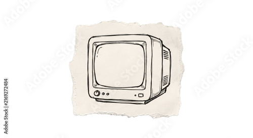 Obraz na plátne Retro television set sketch on torn paper, vintage technology illustration
