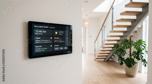 Smart Home Control Panel on Wall in Modern Interior Hallway With Staircase and Plant, Smart Home Background