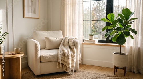 Cozy Neutral Living Room With Armchair, Fiddle Leaf Fig and Soft Blanket by Window Background