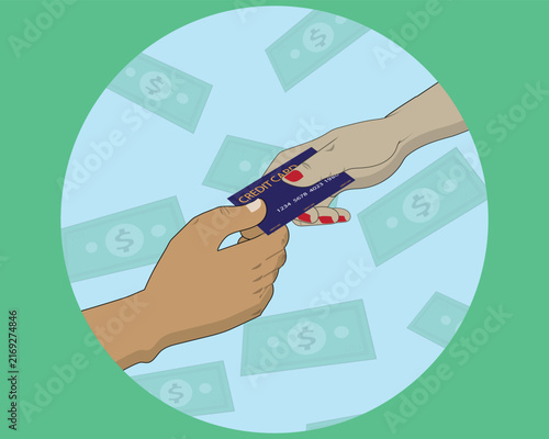 This vector illustration depicts the concept of modern financial transactions, showing two hands exchanging a credit card against a background of dollar banknotes.