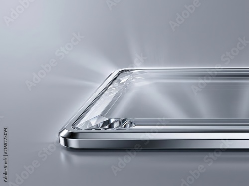 Transparent glass credit card with embedded microchip on reflective surface for futuristic payment technology