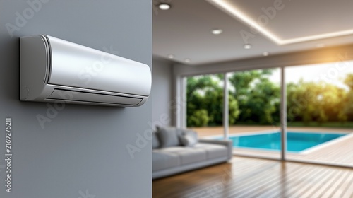 Un climatiseur mural blanc, moderne et élégant, installé sur un mur gris, arrière-plan flou et laissant entrevoir un vaste séjour contemporain et à l'extérieur une terrasse avec piscine.