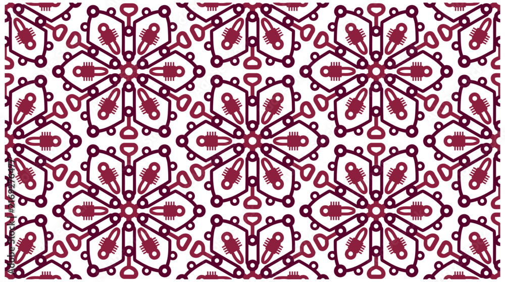 Fototapeta premium Seamless floral pattern with geometric maroon flower shapes on a white background