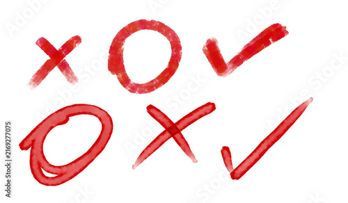 Foto Red Markings: A collection of red checkmarks, crosses, and circles, suggesting correction, grading, or decision-making, are displayed with a brushstroke effect