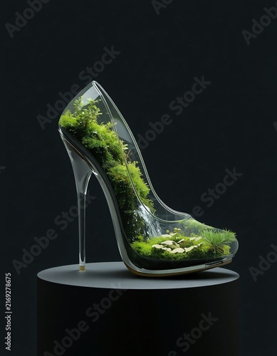 Sleek Transparent Glass Stiletto High Heel Containing a Miniature Lush Green Terrarium