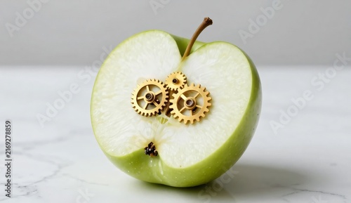 Cut Green Apple Revealing Brass Clockwork Gears Inside Instead of a Core