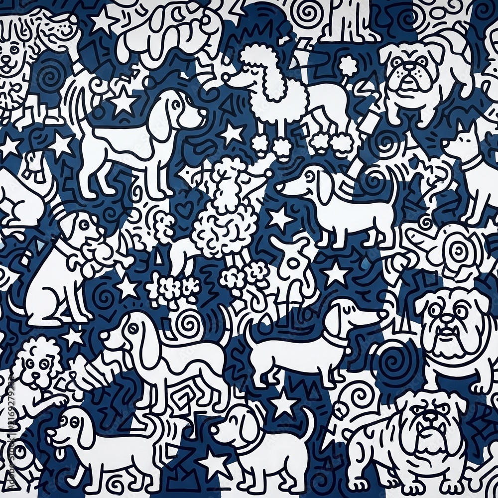 Obraz premium Seamless dark blue pattern with white cartoon farm animals and stars for fabric or wallpaper design