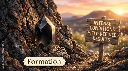 Tapety artystyczne A faceted black crystal emerges from rough rock next to a weathered wooden sign stating 'INTENSE CONDITIONS YIELD REFINED RESULTS' in a scenic landsca