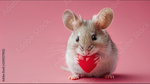 Mouse holds a red heart on a pink background during a playful moment