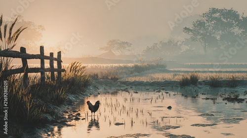 Rooster Perched on Fence in Misty Rice Field at Sunrise
