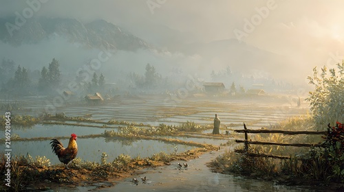 Rooster Perched on Fence in Misty Rice Field at Sunrise