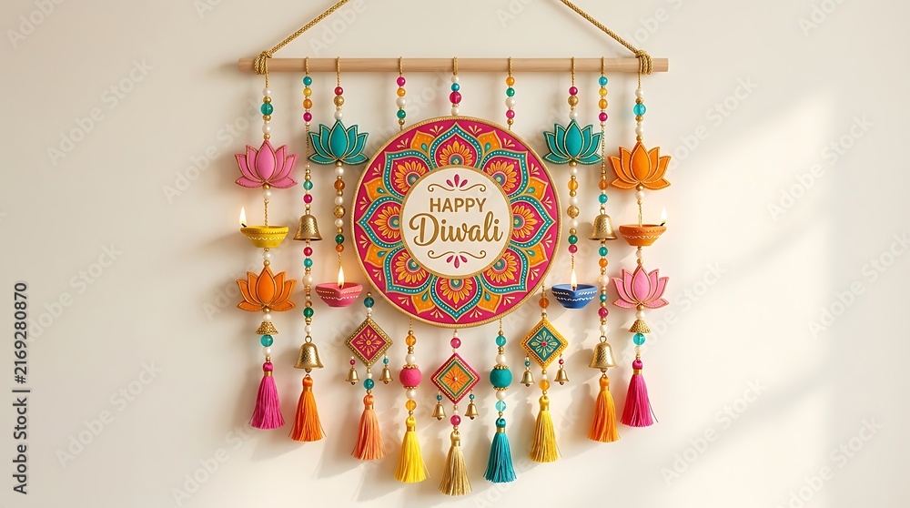Naklejka premium Colorful Happy Diwali Wall Hanging Decoration with Tassels and Lotus Motifs.