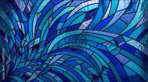 Abstract blue stained glass mosaic background with flowing curved geometric patterns.